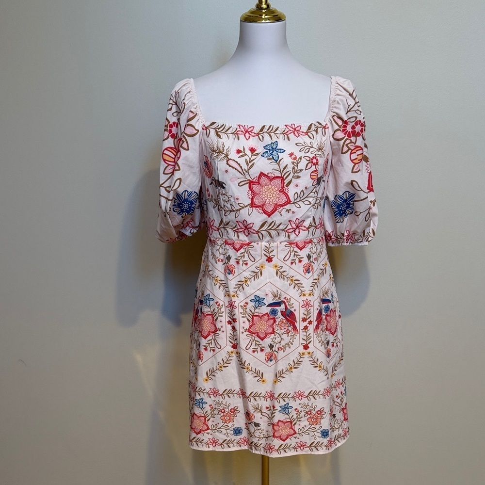 SHEIN Floral Puff Sleeve Mini Dress Bird Print Square Neck Cottagecore L